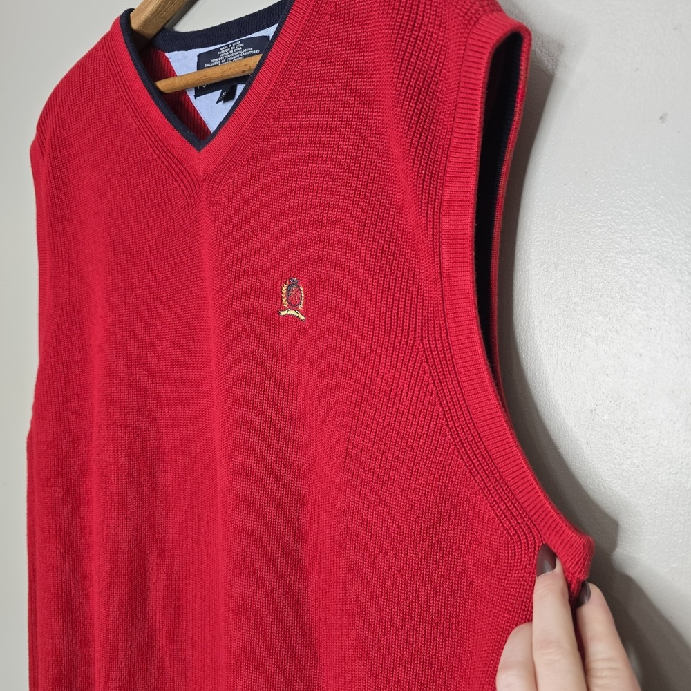 Tommy Hilfiger Mens Red Ribbed Cotton V-Neck Sweater Vest XL Crest Logo Navy - Picture 11 of 12